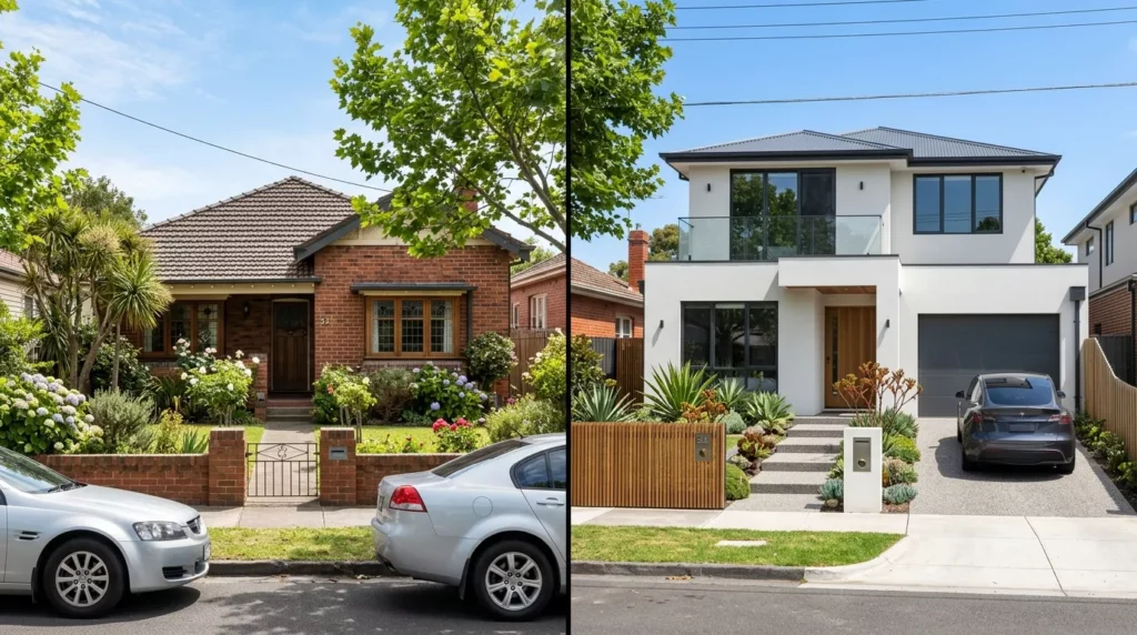 Comparison of two Melbourne homes showing an original brick exterior and a modern rendered façade after professional rendering.