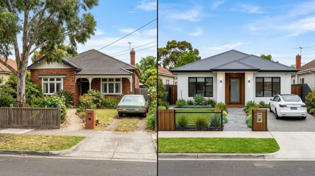 Two Melbourne homes compared, featuring exposed brick and a modern white rendered exterior.