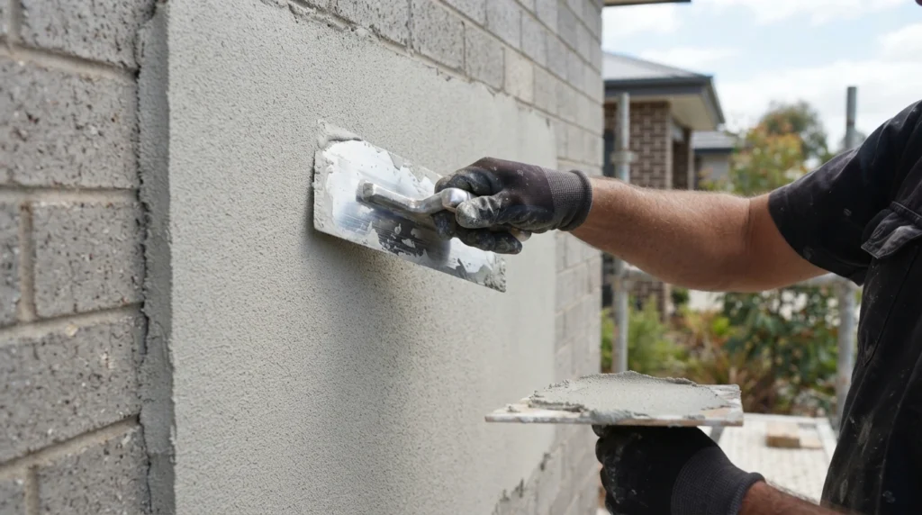 Professional applying acrylic render to an exterior wall in Melbourne