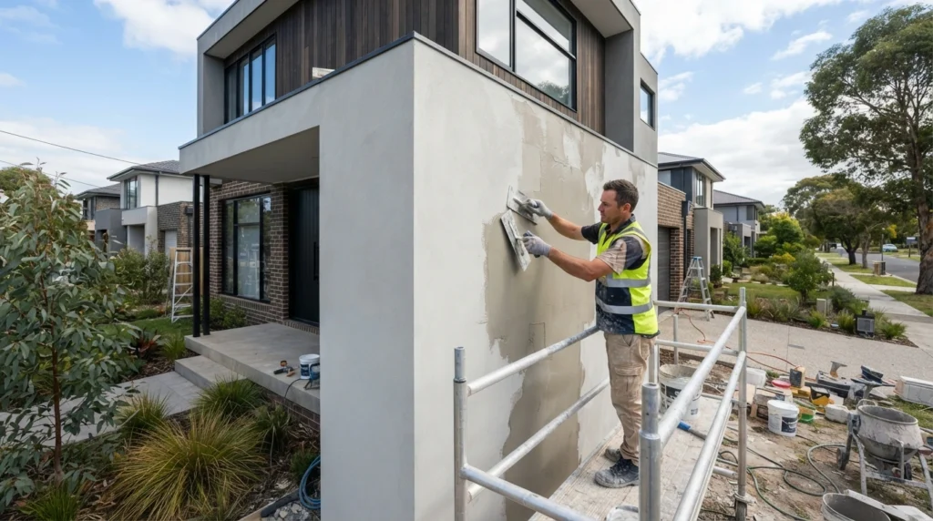 Professional renderer applying acrylic render to an exterior wall in Melbourne