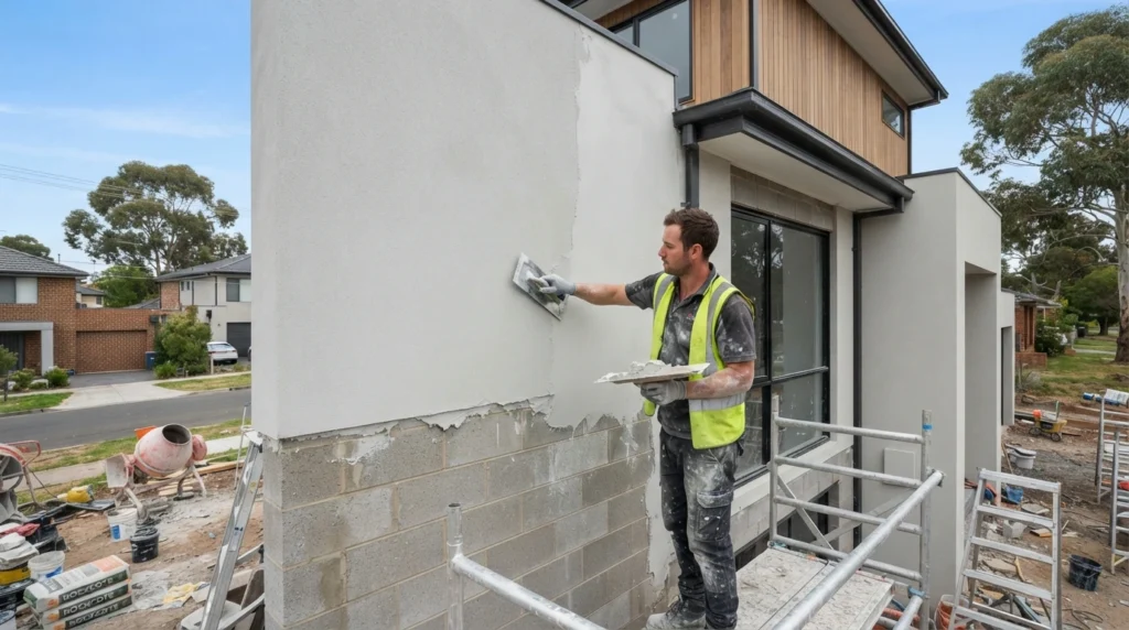 Renderer applying acrylic render to an exterior wall in Melbourne