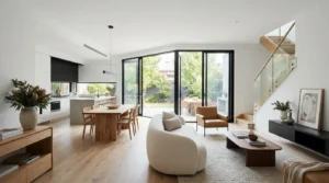 Renovated contemporary home interior with smooth white set plaster walls in Coburg