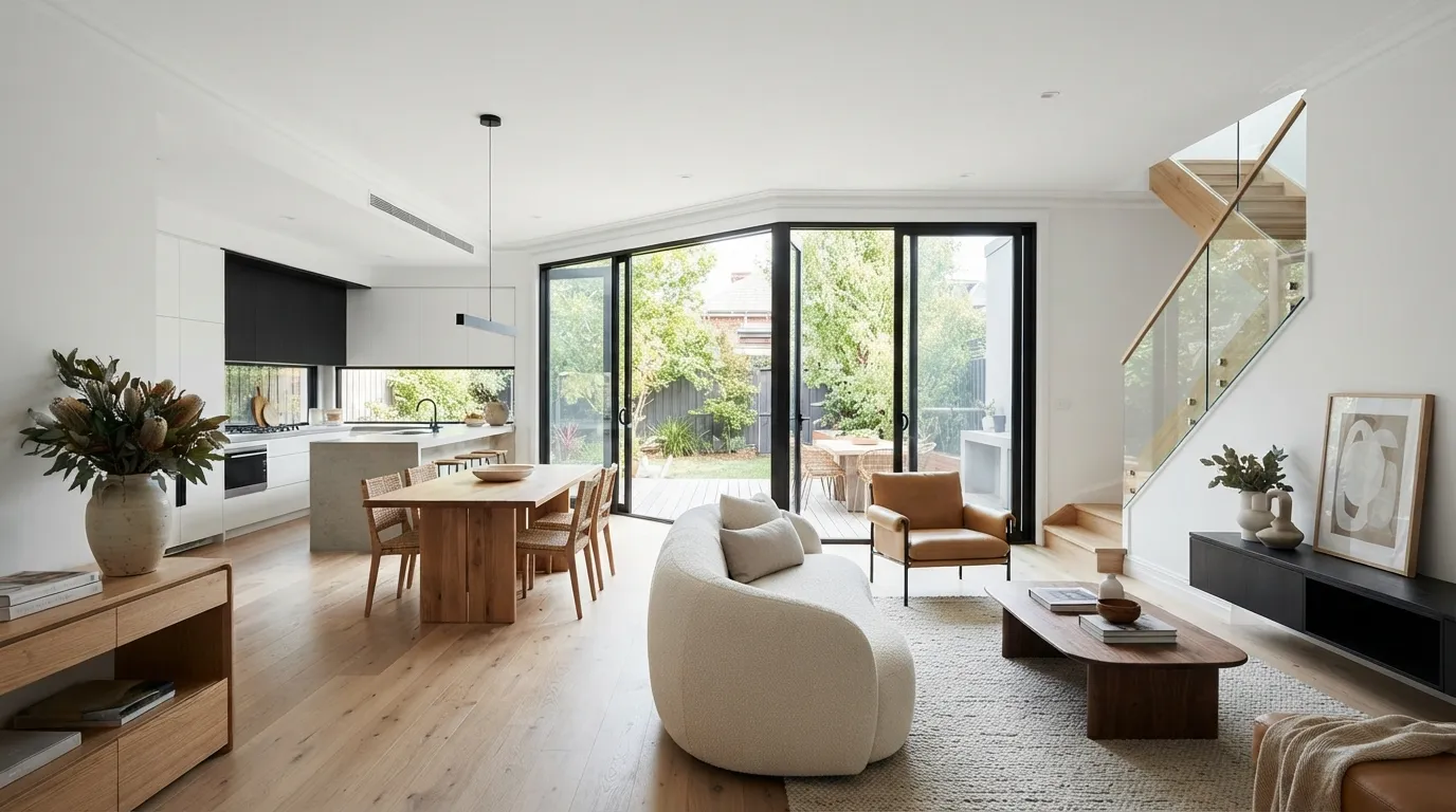 Renovated contemporary home interior with smooth white set plaster walls in Coburg