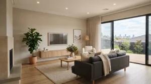 Renovated living room with timber flooring and modern interior finishes