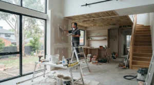 Tradesperson plastering an interior wall in a Melbourne home
